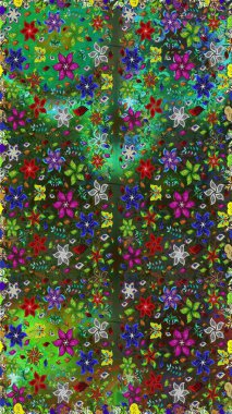 Küçük yeşil ve kahverengi çiçekli oldukça eski bir besin torbası deseni. Millefleur 'lar. Tekstil, kumaş, kapaklar, duvar kağıtları, baskı, naylon, yapıştırma, örgü, dekupaj için çiçeksiz arkaplan