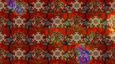 Kahverengi ve kırmızı renkte etnik çiçeklerle süslenmiş zarif bir eskiz şekli. Raster Çiçek İllüstrasyon Şirin Tekstil.