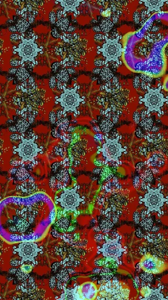 Raster illüstrasyonu. Çiçek desenli çizim. Asya tekstil tarzında. Düz Çiçek Elementleri Tasarımı. Kırmızı ve kahverengi renkte çiçekler. Renkli Bahar Teması çizim şablonu.