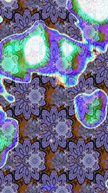 Tekstil için suluboya eskiz deseni. Şirin çiçekler, şal desenli, mor ve mavi renklerde renkli çizimler. El çizimi çiçek çizimi deseni (fayans)).