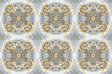 Geleneksel oryantasyon süsü. Klasik raster sarısı, kusursuz desen. Gri, bej ve altın elementli nötr renklerde kusursuz desen. Klasik vintage arkaplan.