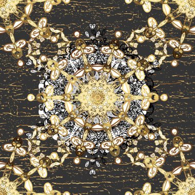 Seamless pattern on brown and white colors with golden elements. Classic vintage background. Traditional orient ornament. Seamless classic raster golden pattern.