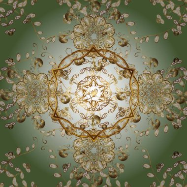 Raster illüstrasyonu. Doğu tarzı arabesk. Kusursuz altın desenli bukleler. Hassas altın deseni açın. Parlak dantel, stilize çiçekler, şal desenli. Hoş renklerde, altın elementlerle kusursuz desen