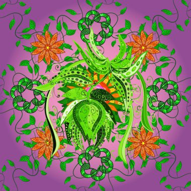 Düz Çiçek Elementleri Tasarımı. Mor ve yeşil renklerde zarif çiçek buketi suluboya. Renkli Bahar Temalı Kusursuz Arkaplan. Raster illüstrasyonu.