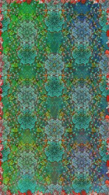 Raster hisseleri. Suluboya, elle çizilmiş. Kusursuz bir arka plan modeli. Çiçekler yeşil ve mavi üzerine.