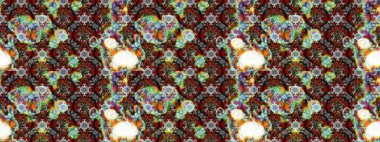 Raster illüstrasyonu. Asya tekstil tarzında. Raster illüstrasyonu. Çiçek desenli çizim. Gri ve kahverengi renkte çiçekler.