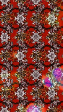 Kahverengi, kırmızı ve nötr renklerde Asya tekstili. Raster illüstrasyonu. Suluboya çiçekli çiçek deseni.