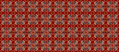 Kırmızı, kahverengi ve gri renklerde, altın çiçekli altın desenler. Senin tasarımın için, duvar kağıdı. Raster geometrik arka plan. Altın rengi kusursuz illüstrasyon.