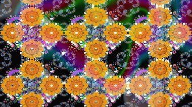 Kumaş, tekstil, duvar kağıdı baskısı için. Raster illüstrasyonu. Eskiz geçmişi. Renkli desenli eskiz deseni, sarı çiçekler ve dekoratif elementlerle. Antika retro tarzı.