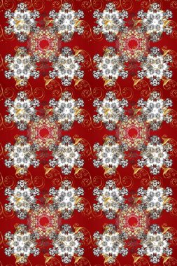 Kırmızı, gri ve kahverengi renklerde altın desenli altın elementler. Düz elle çizilmiş klasik koleksiyon. Arkaplan, kumaş, altın duvar kağıdı. Raster altın pürüzsüz desen.