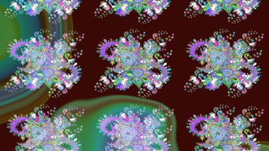 Suluboya elle çizilmiş çiçek desenli eskiz deseni. Parlak renkli fantezi çiçekleri, yapraklar, kahverengi renkli tomurcuklar, kahverengi.