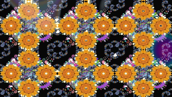 Düz Çiçek Elementleri Tasarımı. Modaya uygun kumaş deseni. Renkli Yaz Temalı eskiz kalıbı. Sevimli çiçek raster deseni.