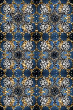 Kusursuz çiçek deseni. Kusursuz raster arka plan. Duvar kâğıdı barok, İspanyol kumaşı. Gri ve mavi renkler üzerinde grafiksel modern kusursuz desen.