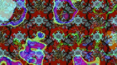 Çiçeksel çizim kalıbının yansıması. Vadinin çiçekleri kırmızı ve mavi renklerde.