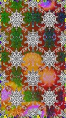 Hint süsü. Gri ve kahverengi renklerde. Kusursuz desen. Renkli süs kenarı. Raster illüstrasyonu. Çiçek duvar kağıdı.