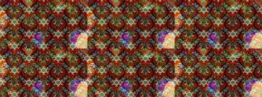 Çok kahverengi ve kırmızı zarif küçük çiçekler ve kahverengi ve kırmızı renkli komik böcekler, raster desen, illüstrasyon.