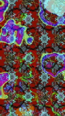 Çiçeksel çizim kalıbının yansıması. Vadinin çiçekleri kırmızı ve mavi renklerde.