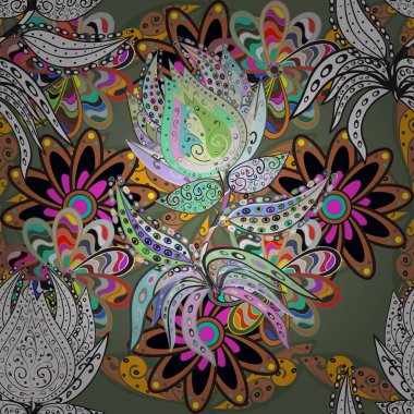 Vadinin yeşil ve gri renkli çiçekleri. Soyut etnik vektör kusursuz desen. Çiçekler..