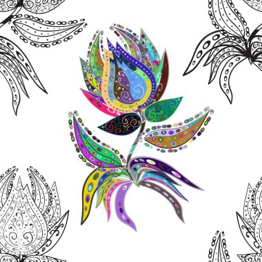 Tekstil tasarımı için kırmızı, beyaz ve kahverengi renkli geleneksel halk çiçekleri. Çiçeksiz desenli nakış işlemeli gelincikler ve vadi zambaklarıyla.