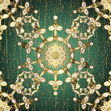 Barok tarzında altın çiçekli süs. Damask pürüzsüz yineleme kalıbı. Yeşil ve bej renklerde altın element. Antika altın tekrarlanabilir duvar kağıdı.