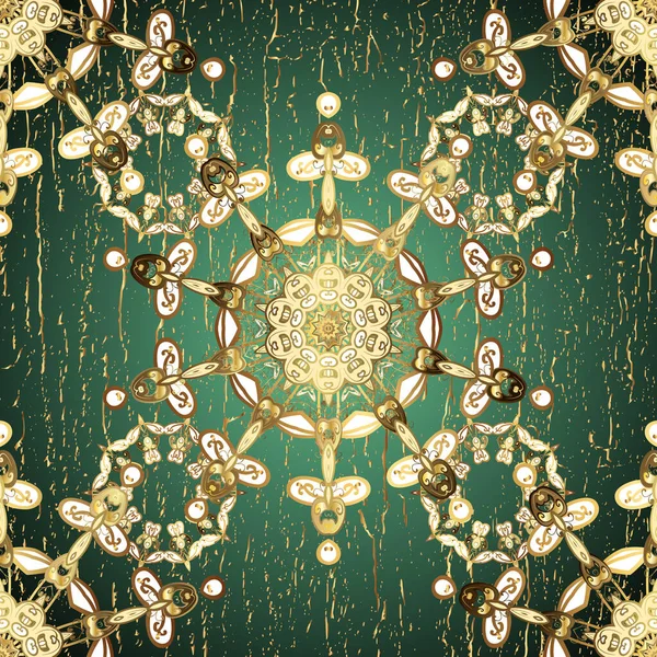 Barok tarzında altın çiçekli süs. Damask pürüzsüz yineleme kalıbı. Yeşil ve bej renklerde altın element. Antika altın tekrarlanabilir duvar kağıdı.