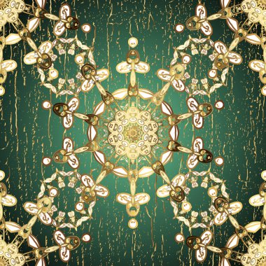 Yeşil ve bej renklerde altın element. Damask arkaplanı tekerrür ediyor. Barok tarzında altın çiçek süsü. Antika altın tekrarlanabilir duvar kağıdı.