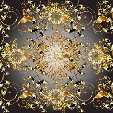 Parlak dantel, çiçekler, şal deseni. Doğu tarzı arabesk. Gri ve kahverengi renklerde altın elementlerle kusursuz desen. Hassas altın deseni açın. Vektör. Kusursuz altın dokular bukleler.
