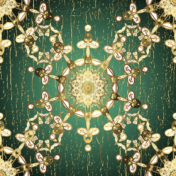 Yeşil ve bej renklerde altın element. Damask arkaplanı tekerrür ediyor. Barok tarzında altın çiçek süsü. Antika altın tekrarlanabilir duvar kağıdı.