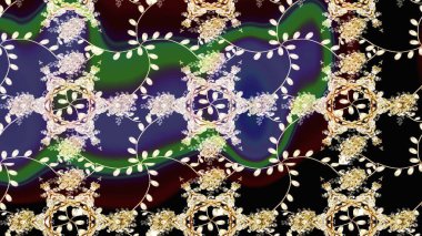 Raster illüstrasyonu. Şirin çiçekli eskiz deseni ve siyah, mor ve nötr renklerde yapraklar, suluboya çiçek deseni, duvar kağıdı, kart veya kumaş için fayanslı.