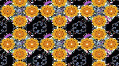 Düz Çiçek Elementleri Tasarım Raster illüstrasyonu. Çiçekli çiçek deseni, suluboya. Siyah renkli çiçekler. Renkli Bahar Teması Eskiz Şablonu.