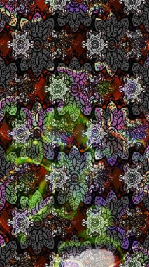 Colour Spring Theme sketch pattern Background. Flat Flower Elements Design. In asian textile style. Sketch flowers pattern. Flowers on gray colors. Raster illustration.