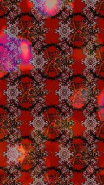 Eskiz modeli etnik tasarım. Yatak çarşafları, ceket, paket tasarımı, kumaş ve moda kavramları için tekstil baskısı. Çiçekleri, deniz kabukları, mandalaları ve suluboya efektleri olan deniz altyapısı.