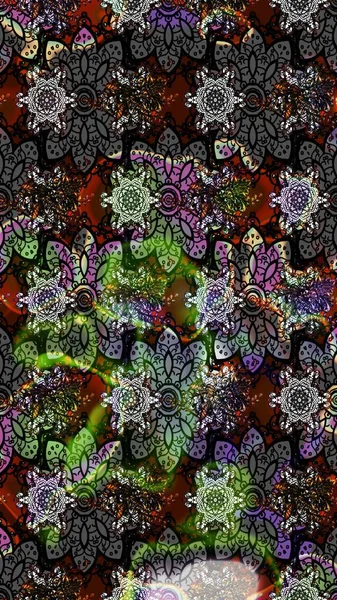 Renkli Bahar Teması eskiz kalıbı. Düz Çiçek Elementleri Tasarımı. Asya tekstil tarzında. Çiçek desenli çizim. Gri renkli çiçekler. Raster illüstrasyonu.