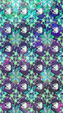 Birçok mor ve mavi soyut çiçekli tropik eskiz deseni. Küçük çiçekteki sevimli çiçek deseni. Varyete ve mavi raster çizimi.