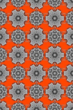 Turuncu, gri ve beyaz renkte çiçekler. Çiçekli kusursuz retro desen. Düz Çiçek Elementleri Tasarımı. Renkli Yaz Temalı Kusursuz Arkaplan.