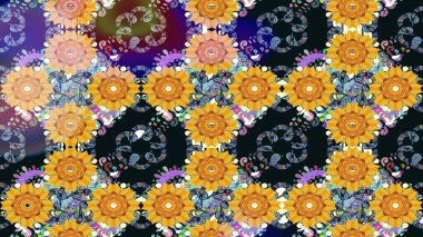 Oldukça eski bir besin torbası deseni, küçük sarı renkte, çiçekler. Millefleur 'lar. Tekstil, kumaş, kapaklar, duvar kağıtları, baskı, paket, koleksiyon defteri, örgü, dekupaj için çiçek arkaplanı..
