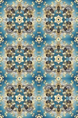 Mavi, gri, bej renklerde altın elementlerle kusursuz desen. Parlak dantel, stilize çiçekler, şal desenli. Kusursuz altın desenli bukleler. Hassas altın desen. Doğu tarzı arabesk. Raster..