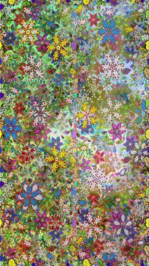 Raster illüstrasyonu. Yeşil ve nötr renklerde Asya tekstil tarzında. Kusursuz çiçek deseni.