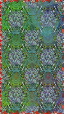 Raster. Yeşil renkli güzel çiçeklerle kusursuz desen, suluboya çiçek deseni, duvar kağıdı, kart ya da kumaş için fayanslı..