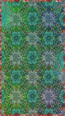 Yeşil renkli Asya tekstili. Çiçeklerle suluboya desenli çiçek deseni. Raster illüstrasyonu.