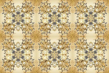 Sembol bayramı, yeni yıl kutlamaları, altın desenler. Bej, nötr ve kahverengi renklerde altın kar taneleri. Kış kar dokusu duvar kağıdı. Noel altın kar taneleri kusursuz desen.