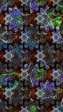 Eskiz geçmişi. Renkli desenli eskiz deseni, siyah çiçekler ve dekoratif elementlerle. Eski usul. Kumaş, tekstil, duvar kağıdı baskısı için. Raster illüstrasyonu.