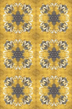 Altın elementlerle bej, sarı ve kahverengi renklerde kusursuz klasik desen. Noel, kar tanesi, yeni yıl. Altın desenli bej, sarı ve kahverengi üzerinde altın elementler.