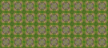 Süslü dantel iz sürücü. Yeşil, kahverengi ve gri renkte Arap dekoru. Çiçekli süslemeli, pürüzsüz bir desen. Duvar kâğıdı için altın süslü bir illüstrasyon. Doğu tarzında vintage tasarım ögesi.