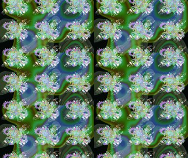 Yumuşak, yaz çiçekleri yeşil ve mavi renklerde. Çiçekli karalama şeklinde Raster çiçek deseni. Raster illüstrasyonu.