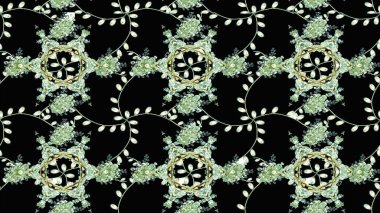 Asya tekstil tarzında. Çiçek desenli çizim. Raster illüstrasyonu. Siyah, nötr ve yeşil renkli çiçekler. Raster illüstrasyonu.
