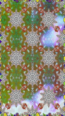 Düz Çiçek Elementleri Tasarımı. Renkli Yaz Temalı Kusursuz Arkaplan. Kahverengi ve gri renkli çiçekler. Raster illüstrasyonunda trendsiz çiçek deseni.