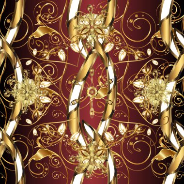 Kusursuz desenli altın elementler. Altın şablon. Kart, duvar kağıdı, ambalaj ve tekstil için klasik tasarım. Çizim. Klasik çiçek dokusu. Kahverengi ve kırmızı renkler üzerinde Royal retro.