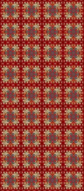 Altın antika ortaçağ dekoratifi, kırmızı, kahverengi ve bej renklerinde yapraklar ve altın desenli süslemeler içeren pürüzsüz bir desen. Kusursuz kraliyet lüksü, altın barok kumaş rengi..