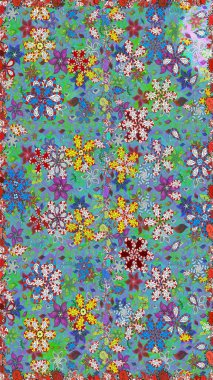 El çizimi çiçekli, soyut, pürüzsüz desen. Mavi ve yeşil renkli çiçekler. Raster illüstrasyonu.